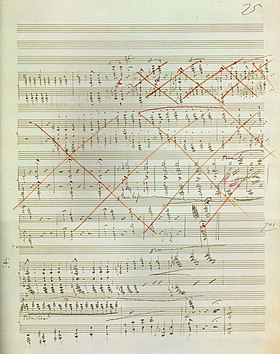 Page 25 of the manuscript. The large section crossed out in red contains the original loud ending. Liszt sonata autograph page 25.jpg