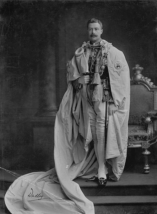 The 2nd Earl of Dudley (Lord Lieutenant of Ireland, 1902–1905) wearing the Irish Crown Jewels as ex officio Grand Master of the Order of St Patrick.