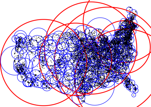 2D M-Tree visualized using ELKI. Every blue sphere (leaf) is contained in a red sphere (directory nodes). Leaves overlap, but not too much; directory nodes overlap much more here. M-tree built with MMRad split.png