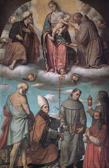 Madonna col Bambino in gloria con i santi Giuseppe e Francesco d'Assisi, basso i santi Girolamo, Ludovico da Tolosa, Antonio da Padova, Chiara e il cardinale Uberto Gambara.jpg