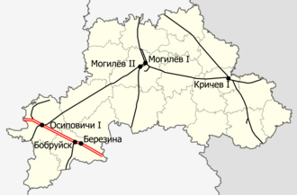 Железнодорожный транспорт в Могилёвской области. Подписаны важнейшие станции. Электрифицированная линия отмечена красным.