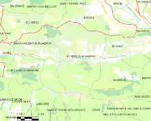 Mappa elementare che mostra i confini del comune, i comuni limitrofi, le zone di vegetazione e le strade