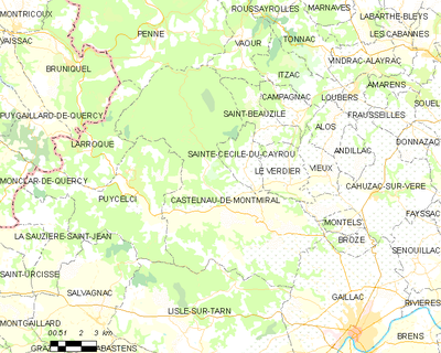 Carte de la commune de Castelnau-de-Montmiral et de ses proches communes.