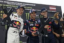 Sebastien Loeb won his first World RX event in Latvia Mattias Ekstrom (EKS), Sebastien Loeb, Timmy HansenMattias Ekstrom (EKS), Sebastien Loeb, Timmy Hansen (30065288905).jpg