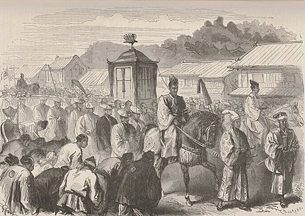The fifteen-year-old Meiji Emperor, moving from Kyoto to Tokyo at the end of 1868, after the fall of Edo