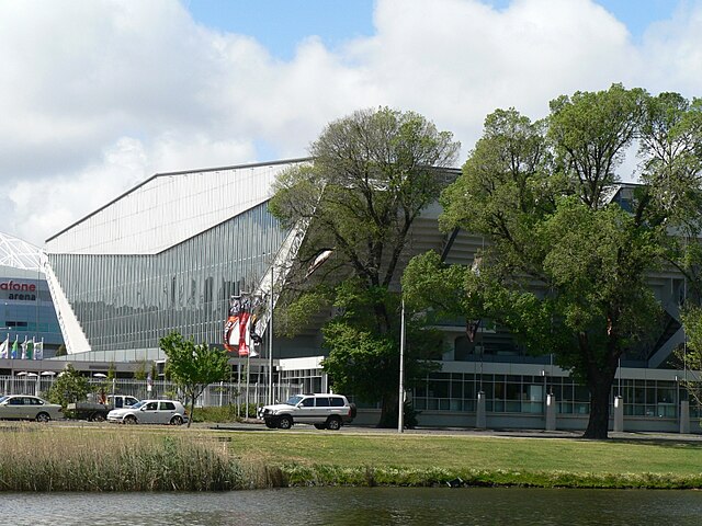 The heritage registered former Olympic Pool (now the Holden Centre), viewed from the Yarra River