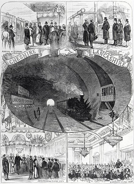 An Illustrated London News illustration of the official opening of the Mersey Railway by the Prince of Wales on 20 January 1886.
