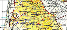 Villages cleared in Haganah counter-attack (red). Those captured on 12 May by Irgun marked by blue spots. Mishmar HaEmek i.jpg