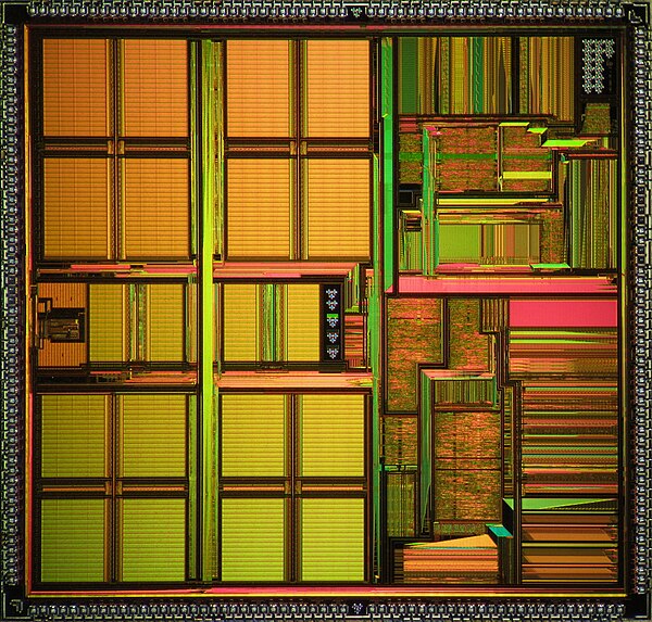 Het halfgeleidermateriaal in de NEC VR5000 RISC-processor, een 64-bit R5000 MIPS-processor van NEC uit 1996.[5]