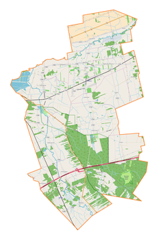 Mapa konturowa gminy Nieborów, po lewej znajduje się punkt z opisem „Cmentarz mariawicki w Arkadii-Zielkowicach”