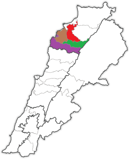 The North III electoral district, divided into 4 minor districts, each corresponding to a homonymous district: Batroun (purple), Bcharre (green), Koura (brown) and Zgharta (red). North III electoral district (2017 Election Law).png