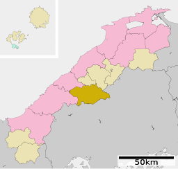 Ōnans läge i Shimane prefektur Städer:      Signifikanta städer      Övriga städer Landskommuner:      Köpingar      Byar