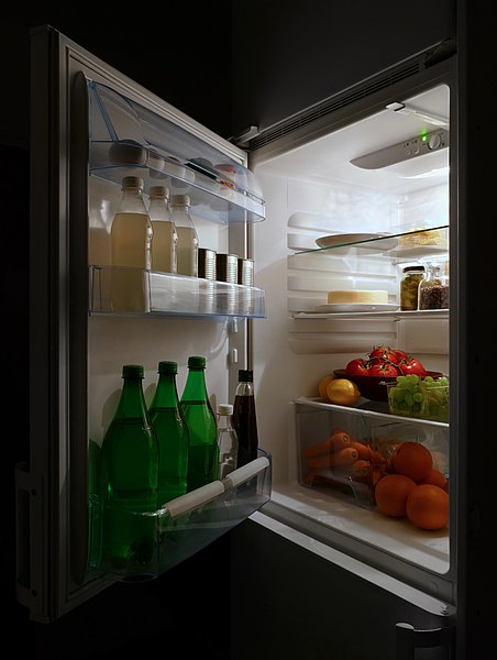 File:Open refrigerator with food at night.jpg