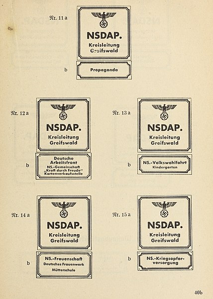 File:Organisationsbuc00nati 0 orig 0141 ORGANISATIONSBUCH DER NSDAP 1943 Parteigenossen Politische Leiter Uniformen Symbole Seite 40b Dienststellenschilder Hauptschilder (Kreisleitung Greifswald) Public domain CROPPED.jpg