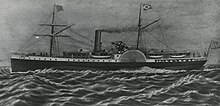 A black and white drawing of a steamship on choppy waters