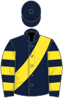 Dark blue, yellow sash, hooped sleeves