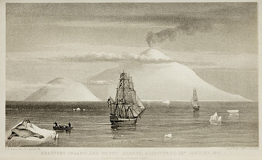 Painting of the expedition in front of Beaufort Island and Mount Erebus, by Terror's second master, John E. Davis, who produced numerous charts and illustrations of the voyage