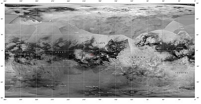 Глобална карта на Титан – со ознаки на IAU (август 2016 година).