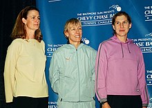 Players Pam Shriver, Martina Navratilova, and Monica Seles Pam Shriver Martina Navratilova Monica Seles (48592036227).jpg