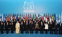 The 2015 G20 Summit held in Antalya, Turkey, a founding member of the OECD (1961) and G20 (1999). Participants at the 2015 G20 Summit (Presidencia de la Nacion Argentina).jpg