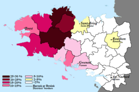 Число носителей бретонского языка в процентном отношении по регионам Бретани (2004)