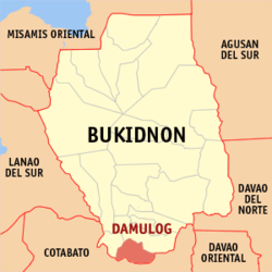 Mapa ng Bukidnon na nagpapakita sa lokasyon ng Damulog.