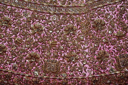 Pink dress with embroidery, detail, Crafts Museum, New Delhi