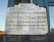 Memorial plaque at Grace-Berleur, near Liege, commemorating the four workers shot dead by Belgian police on 30 July 1950 Plake Grace Bierleu nos moirts.jpg