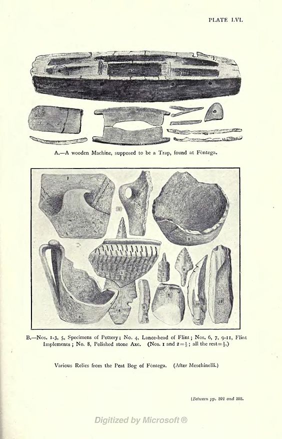 A.—A wooden Machine, supposed to be a Trap, found at Fontega. B.—Nos. 1-3, 5, Specimens of Pottery; No. 4, Lance-head of Flint; Nos. 6, 7, 9-11, Flint Implements ; No. 8, Polished stone Axe. (Nos. I and 2 = ⅓; all the rest = ½.) Various Relics from the Peat Bog of Fontega. (After Meschinelli.) (Between pp. 392 and 393.