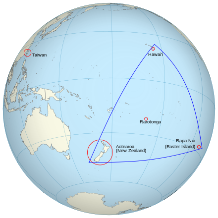 A projection of the Polynesian triangle on the globe. Taiwan is circled in the upper left corner.