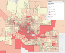 Percent of people living in poverty across metro Phoenix in 2016; the darker the red, the higher the concentration of poverty Poverty in Maricopa County.png