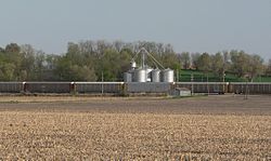 Grain elevator and train in Preston