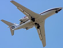 Viewed from below, showing wing sweep Private - Cessna Citation III - N703RB (3467972957) (cropped).jpg