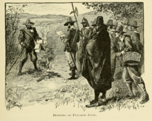 Portrayal of the burning of William Pynchon's 1650 critique on Puritanical Calvinism in Boston by the Puritan-controlled Massachusetts Bay Colony PynchonBooksBurned.png