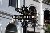 World famous Rodeo Drive symbol, Cross Street Sign, Intersection in Beverly  Hills. Touristic Los Angeles, California, USA. Rich wealthy life  consumerism, Luxury brands and high-class stores concept. Stock Photo