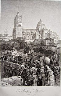 Citizens at the entrance of Salamanca in 1878 by Harry Fenn. Roman bridge of Salamanca 1860 H. Penn, J. Godfrey.jpg