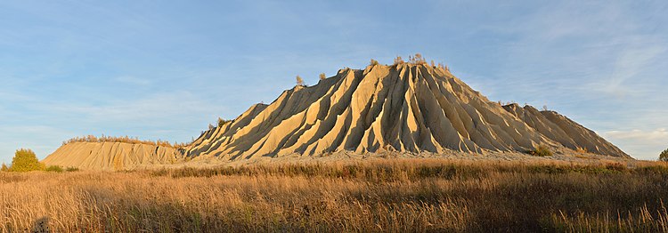 Террикон в посёлке Румму (Эстония), покрытый оврагами в результате эрозии