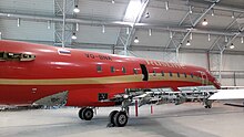 A RusLine Bombardier CRJ100 at aircraft maintenance (2019).