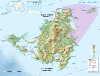 Carte de l'île de Saint-Martin, partagée entre la France et les Pays-Bas et située dans les Antilles. (image vectorielle)