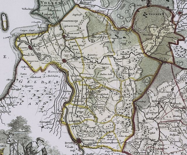 Salland in 1757 (the area with yellow borders; Hardenberg in the north-east is shown as a separate region)