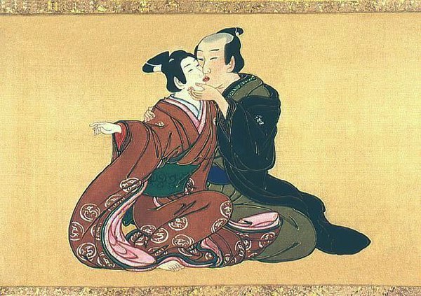 Man and youth, Miyagawa Isshō, ca. 1750; Panel from a series of ten on a shunga-style painted hand scroll (kakemono-e); sumi, color and gofun on silk.