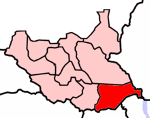 Owiny Ki-Bul is in East Equatoria (in red) bordering Uganda to the south, Kenya to the southeast and Ethiopia to the east. Scharq al-Istiwa'iya.PNG