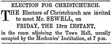 Advertisement by Sewell inviting electors to a meeting Sewell meeting electors, 1860.jpg