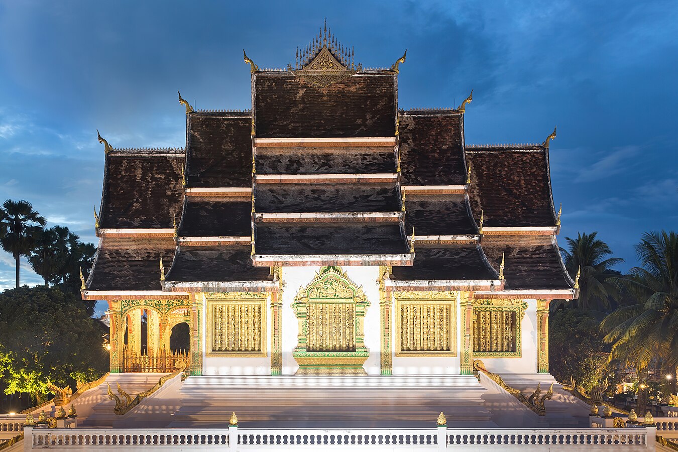 Side view of the temple Haw Pha Bang at blue hour in Luang Prabang Laos