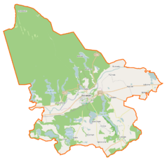 Mapa konturowa gminy Sieraków, na dole znajduje się owalna plamka nieco zaostrzona i wystająca na lewo w swoim dolnym rogu z opisem „Jezioro Jaroszewskie”