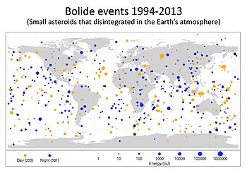 World map of bolide events (1994-2013) SmallAsteroidImpacts-Frequency-Bolide-20141114.jpg
