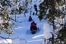 A family with snowmobiles at the forest of Ruka in Kuusamo, Finland Snowmobiling (6817922334).jpg