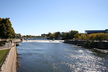 St. Joseph River, flowing into St. Joseph County from Elkhart County (top) through Mishawaka