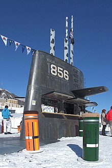 U-856 replica in frozen Lake St. Moritz, Switzerland, used as bar St. Moritz U-856 (12503836923).jpg