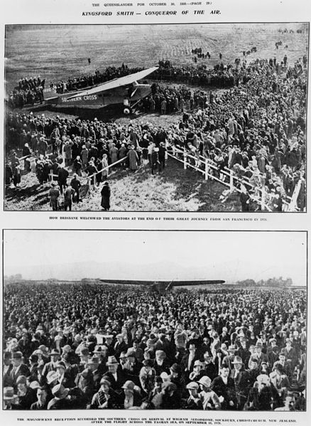 File:StateLibQld 2 117180 Crowd scenes at Brisbane and New Zealand, to greet Charles Kingsford Smith and his aeroplane Southern Cross, 1928.jpg